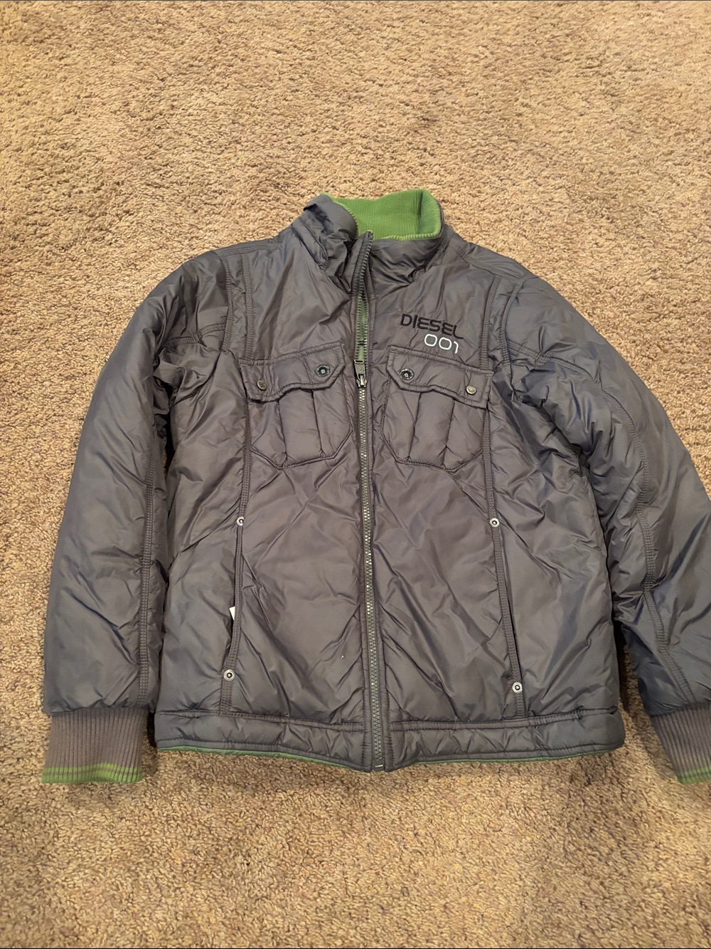 Reversible Diesel Kids' Gray Puffer Jacket with Green Trim